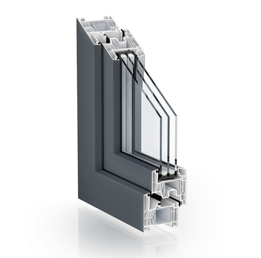 Profil de fenêtre PVC Kömmerling 76 en couleur anthracite RAL 7016 avec triple vitrage